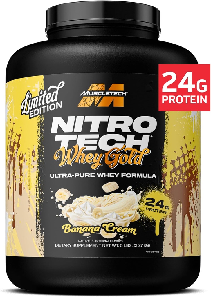 MuscleTech Whey Protein Powder (Banana Cream, 5LB) - Nitro- Tech Whey Protein Isolate Smoothie Mix for Lean Muscle & Fast Recovery - 24g af Whey Gold Protein for kvinder & mænd - Gluten- Free