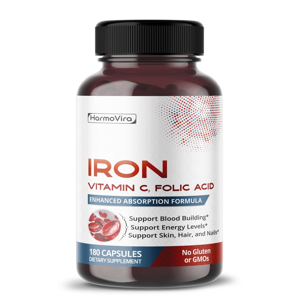 Liposomalt jern med C-vitamin, folinsyre, B12, B6, B1 - Support Energy & Red Blood Cell Formulering - genert formel - 180 kapsler - Non-GMO, Gluten- fri - Made in USA *