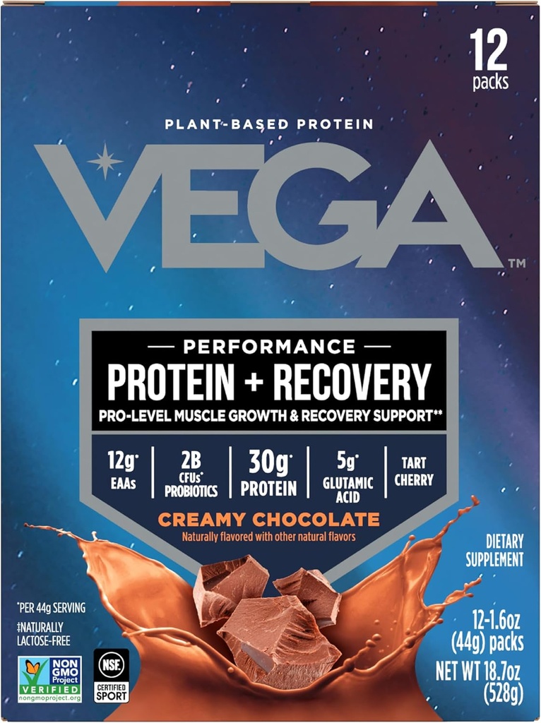 Vega Protein + Inddrivelse - 30g Plant- baseret protein per servering, Chokolade, 12 x 1.6oz Sachets, 5g BCAA, Probiotika, NSF Certified, for Shakes & Smoothies, (Packaging May Vary)