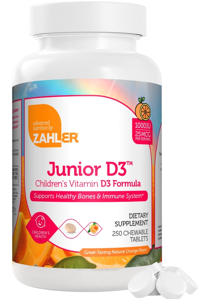 Zahler Junior D3 Vitamins 1000 IU - Chewable Vitamin D3 for Kids to Support Bone, Teeth & Immune Health - Kosher Kids Orange Flavor - 250 Count.