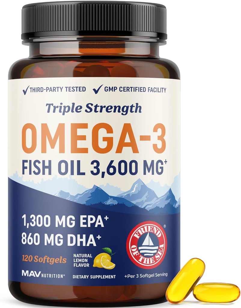 Triple Strength DHA Omega 3 Fish Oil 3600 mg | Over 2100mg Omega-3 Fatty Acids with 860mg of DHA | 1300mg EPA | Best Essential Fatty Acids | Premium Wild Caught & Burpless Fish Oil | 120 ct.
