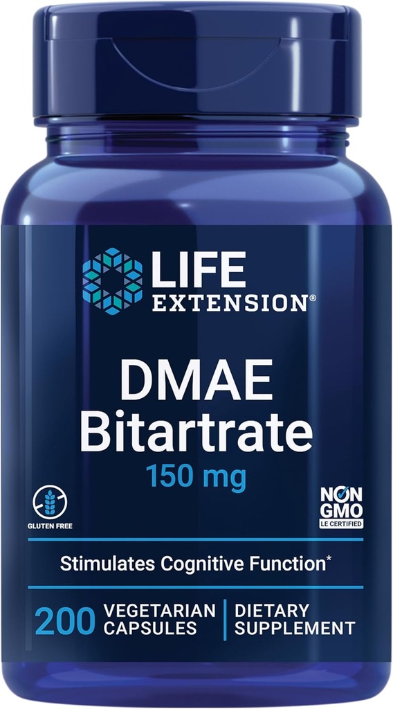 Life Extension DMAE Bitartrate, Understøtter neurotransmitter Produktion, 6-måned Supply, Gluten- Free, Non- GMO, Vegetar, 200 Kapsler