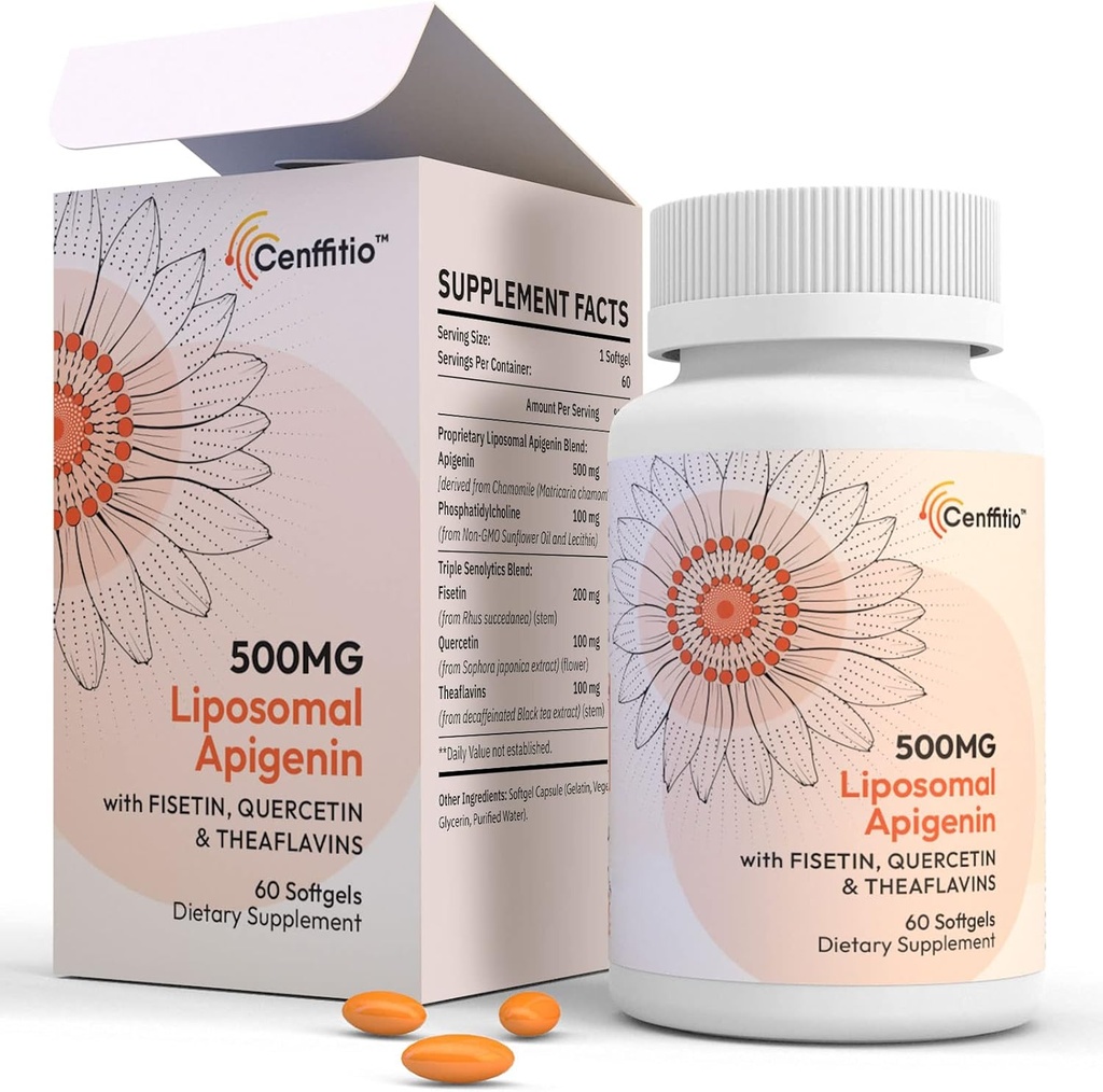 Liposomal apigenin 500 mg Softgels - Optimal Apigenin Supplement med fisetin, Quercetin og Theaflavins (60 greve (pakning med 1))