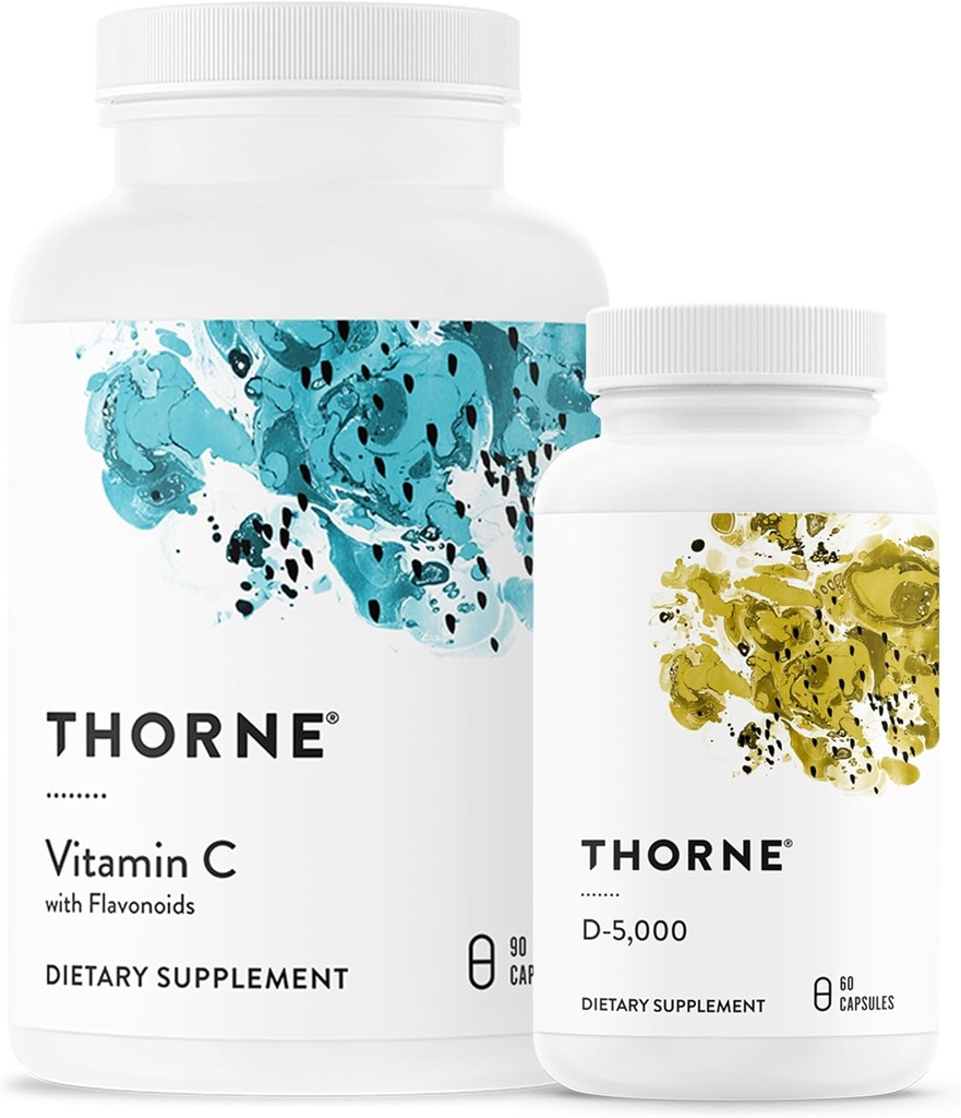 THORNE - Essential Vitamin Bundle: C-vitamin & D-5000 Complex - Immun, ben sundhed, og energistøtte - 60 til 90 Servere