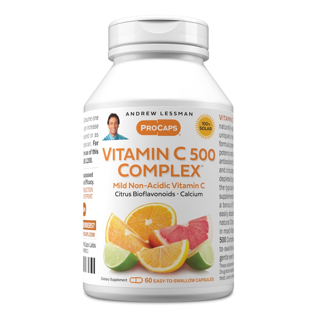 ANDREW LESSMAN C-vitamin 500 Complex 60 kapsler - ikke-syreholdige C-vitamin Plus Citrus Bioflavonoider til immunsystem og antioxidant støtte, ingen mave-upset, lille let at synke kapsler