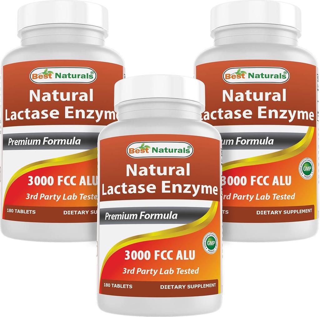 Bedste Naturals, Hurtig virkende Lactase Enzyme, 3000 FCC ALU, 180 tabletter (180 greve (pakning med 3))