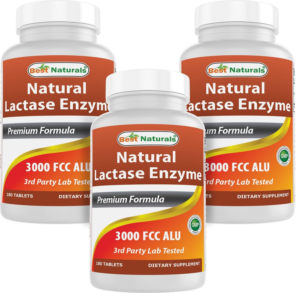 Bedste Naturals, Hurtig virkende Lactase Enzyme, 3000 FCC ALU, 180 tabletter (180 greve (pakning med 3))
