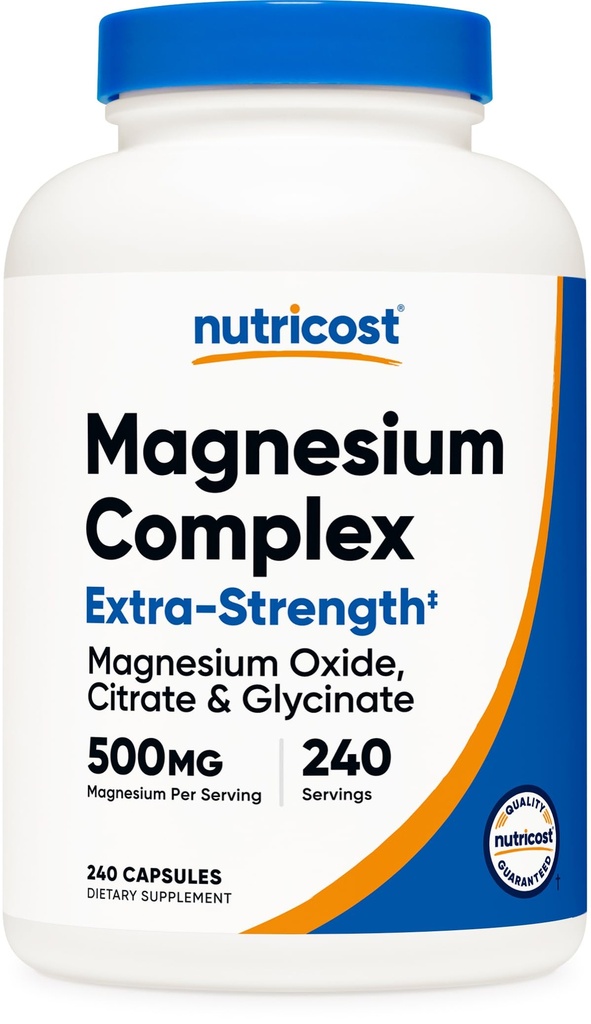 Nutricost Magnesium Complex 500 mg, 240 kapsler - Magnesiumoxid, citrat og glycinat - Gluten fri og ikke-GMO