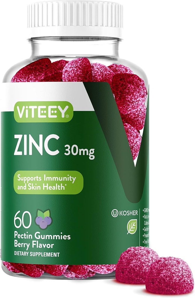 Viteey Zink gummier til kvinder og mænd - immunsupporttillæg - 30mg - Vegan, Gelatine fri, ikke GMO - 60 Greve