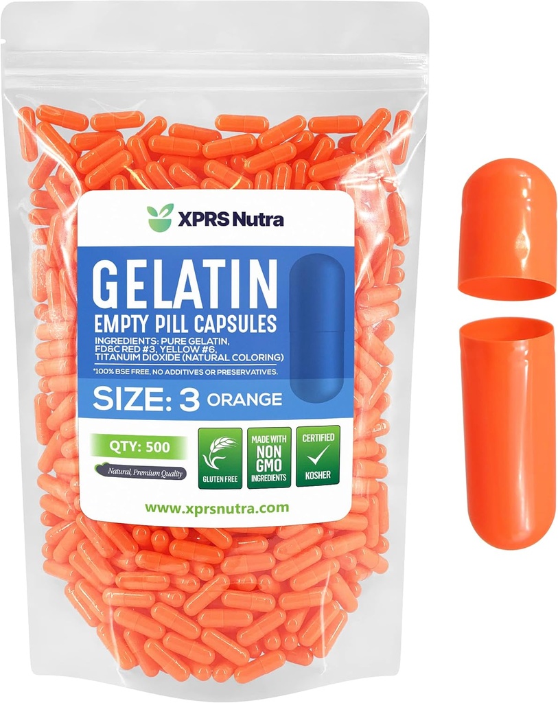 XPRS Nutra Størrelse 3 Tomme kapsler - 500 Tomme Gelatine kapsler - Piller selv Kapsel Fyldning - Pure Bovin Pill Gel Caps til Do- It- Yourself Kosttilskud (Orange)