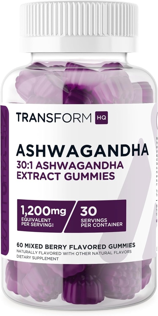 TransformHQ Ashwagandha Gummies 1,200mg, 60 Gummies (blandet berry flavor) - Ashwagandha Herbal Extract Supplement - 30 Servere, Gluten fri, ikke-GMO