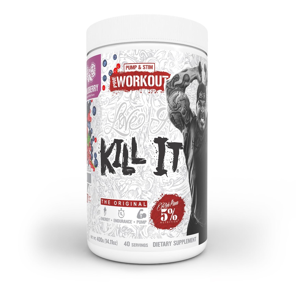 5% Nutrition Rich Piana Kill It Pre Workout Powder w / Creatin, Koffein, Beta Alanin, Hydroprime Glycerol til Pump, Styrke, Endurance Budding 124; 14.11 oz, 40 Srvgs (Wildberry)