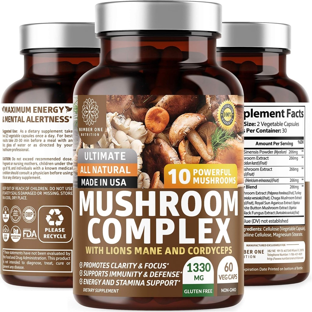 N1N Premium Mushroom Complex [10X Powerful Mushrooms] med Reishi, Lions Mane, Cordyceps, Chaga, Tyrkiet Hale og Maitake til støtte sundhed, hjerne funktioner og energi niveauer, 60 Veg Caps