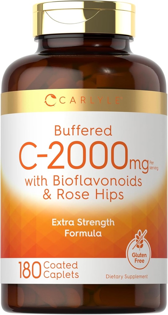 Carlyle Buffered C-vitamin: 124; 2000mg; 124; 180 kapsler: 124; med Bioflavonoider og Rose HIPS: 124; Vegetar, Non- GMO, og Gluten Free Supplement