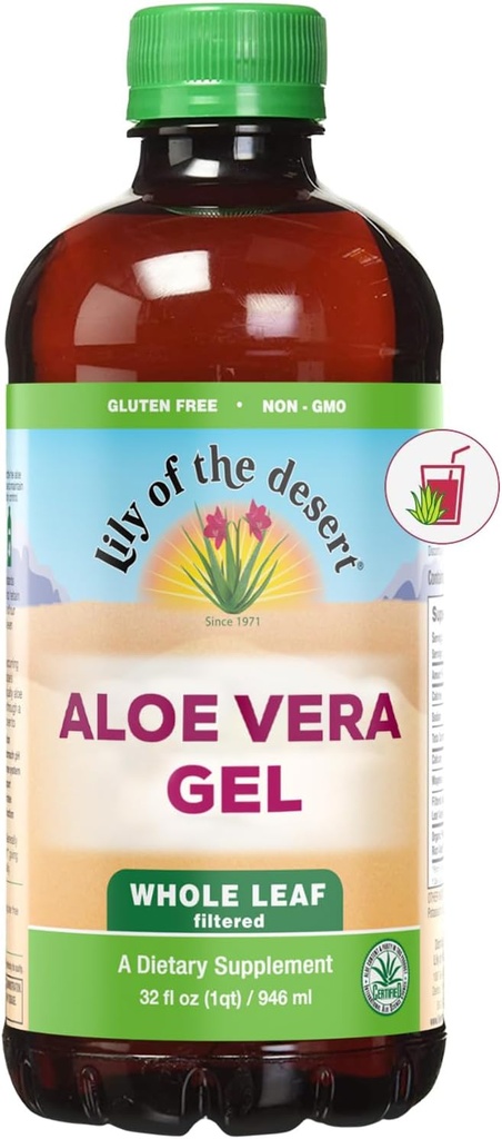 Lily af ørkenen Aloe Vera Gel, Konserveringsfri - Whole Leaf Filtreret Thicker Consistency Aloe Vera Drik med naturlige vitaminer, fordøjelsesenzymer for Gut Health, Wellness, glødende hud, 32 Fl Oz