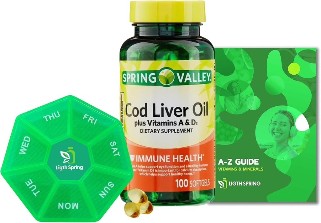 Spring Valley Torve Lever Oil Plus vitaminer A & D3, 100 bløddele, Support Eye funktion og en sund, Bundle med vitaminer og mineraler Ligth & Spring Guide