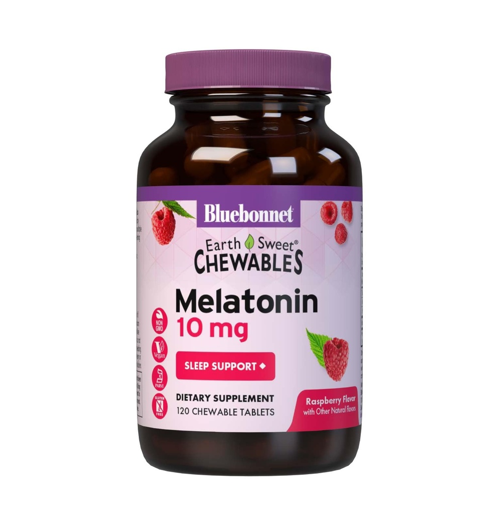 BlueBonnet Nutrition EarthSweet Melatonin 10 mg Fast-Acting Quick Dissolve Nighttime Relaxation & Restful Sleep Support - Sleep Aid - Gluten-Free, Vegan - Raspberry Flavor - 120 Chewable Tablets