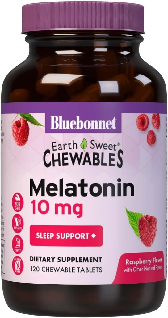 BlueBonnet Nutrition EarthSweet Melatonin 10 mg Fast-Acting Quick Dissolve Nighttime Relaxation & Restful Sleep Support - Sleep Aid - Gluten-Free, Vegan - Raspberry Flavor - 120 Chewable Tablets