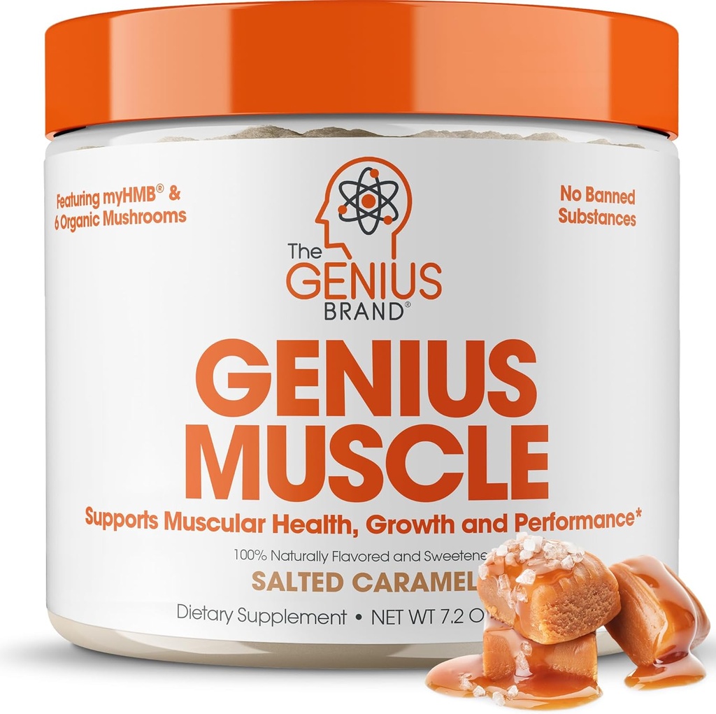 The Genius Brand Genius Muscle - Muscle Health Supplement for vækst, Endurance & Recovery - Non-Hormonal Formel - 6 Organic Mushrooms - Naturligt -Sødet - 30 Servere - Saltet karamel