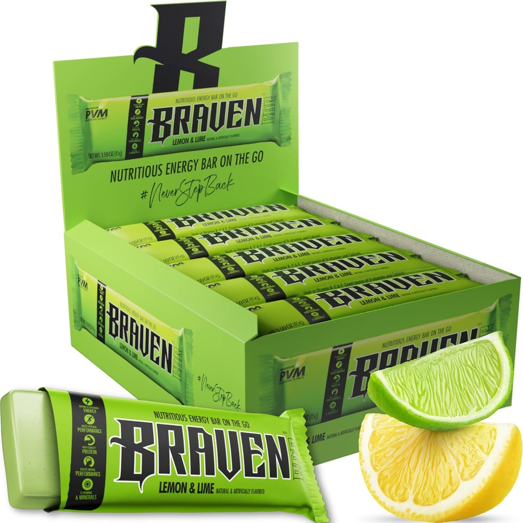 Braven Bar Lemon Lime Energy Bars (1.59 oz, pakke af 20) - Energitykkere med 5g Protein - On- the- Go Energisnacks til løb, vandreture og sport - Gluten Free Snacks til Vedvarende Energi Boost