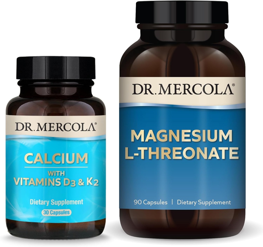Dr. Mercola Magnesium L- Threonate & Calcium med D3 & K2, 30 Servere, Kosttilskud, Knoglesundhed, Non- GMO