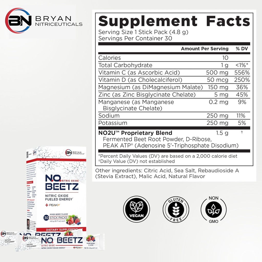 N.O. Beetz Nitric Oxide Fueled Energy Boost Supplement, Hydration & Cellular Energy Production Enhancer, Blend of Vitamins and Minerals (30 Servings)