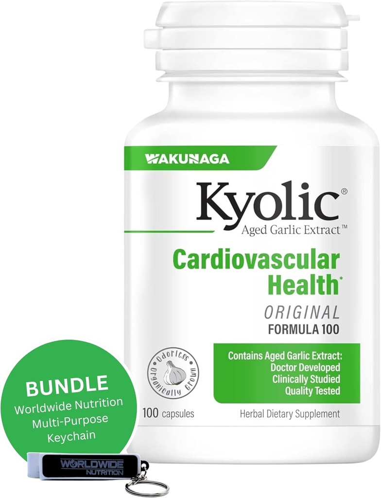 Worldwide Nutrition Bundle: Kyolsk aged hvidløg ekstrakt Formel 100, Original Kardiovaskulær, 100 kapsler og Multi- Formål Key Chain (Packaging May Vary)