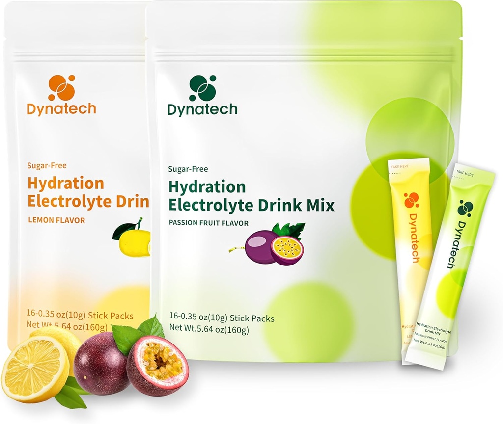 Dynatech Zero Sugar Electrolyte Drink Mix - Lemon Passion Fruit - Hydration Powder Packets med 10 Elektrolytter & Vitumecked 124; Non- GMO, Gluten Free, Vegan Electrolytes Powder Packets