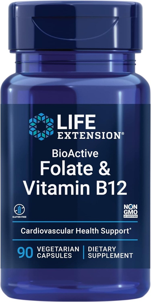 Life Extension BioActive Folate & Vitamin B12, fremmer hjerte, hjerne & GI Tract Sundhed, Non- GMO, Gluten- Free, Vegetar, 90 Kapsler