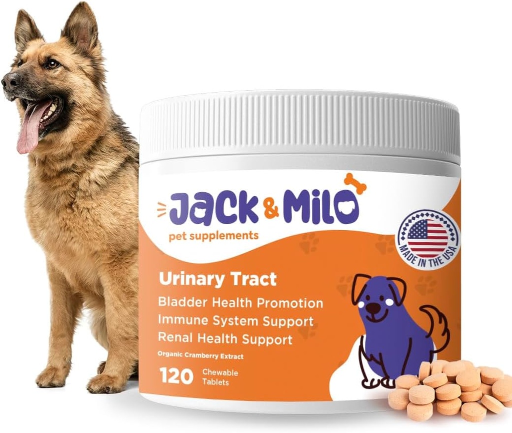 Jack & Milo - Supplement for hunde, Hunde UTI Inkontinens, Nyre og Bstige Control - Tranebær & Antioxidanter, Organic - Blege Control for Hunde, USA Made- Non GMO - 120 tabletter