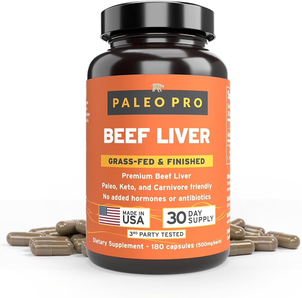 Paleo Pro Lever Gold Premium Beef Organs Kapsler, Premium Beef Lever fra Græs Fed & Pasturerede køer i New Zealand, Kosttilskud, No Gluten eller Soy, 180 Kapsler