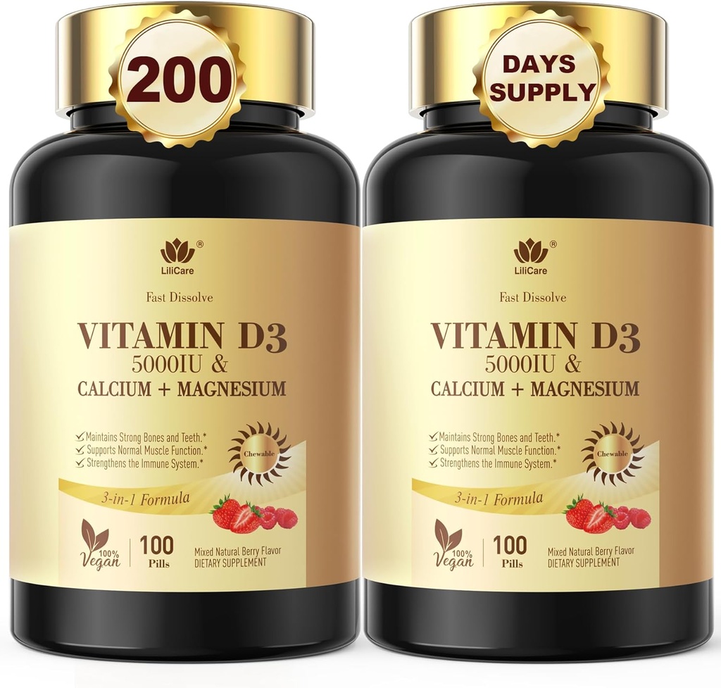 Hurtig opløsning af vitamin D3 5000IE med calcium & Magnesium - for hurtig ernæring Absorption- Sukker Free Chewable supplement til knogler Styrke, tænder, muskel, immunforsvar, 200 Fast smelte tabletter