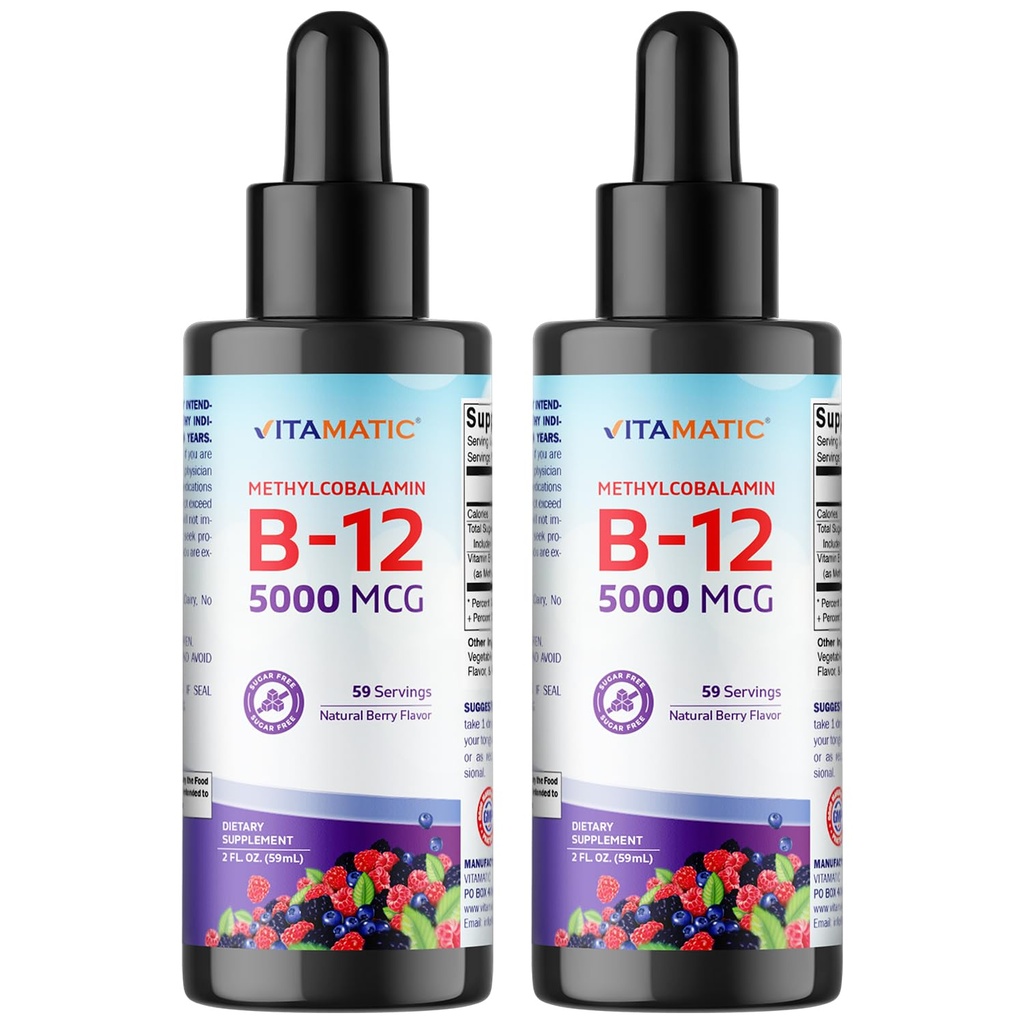 Vitamin 2 pakker hurtigt fungerende flydende vitamin B12 5000 mcg (methylcobalamin) - Natural Berry Flavor - Sublingual Supplement - Hurtigere absorption - 2 OZ