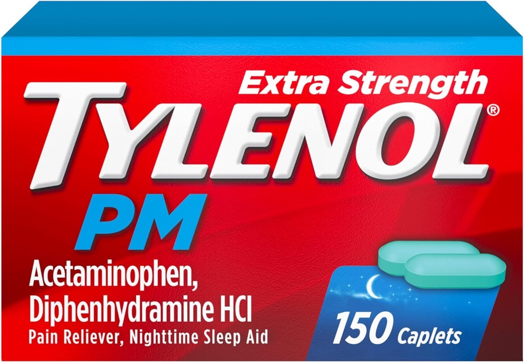 Tylenol PM Extra Strength Nighttime Pain Reliever & Sleep Aid Caplets, 500 mg Acetaminophen & 25 mg Diphenhydramin HCl, Relief for Nighttime Aches & Pains, Non- Habit Danning, 150 ct