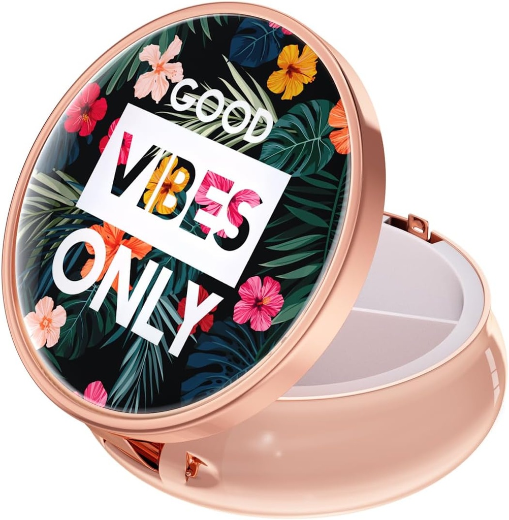 Rouidr Pill Box, 3 Segment Medicine Pill Case, Lille Metal Travel Medicine Box for purse & Pocket, Rose Gold, Blomster God Vibe