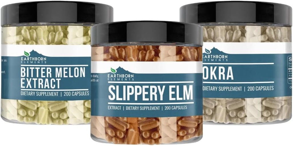 Earthborn Elements Slippery Elm, Okra, & Bitter Melon Capsule Bundle (200 Kapsler Hver), Pure & Ufortyndet, Ingen tilsætningsstoffer