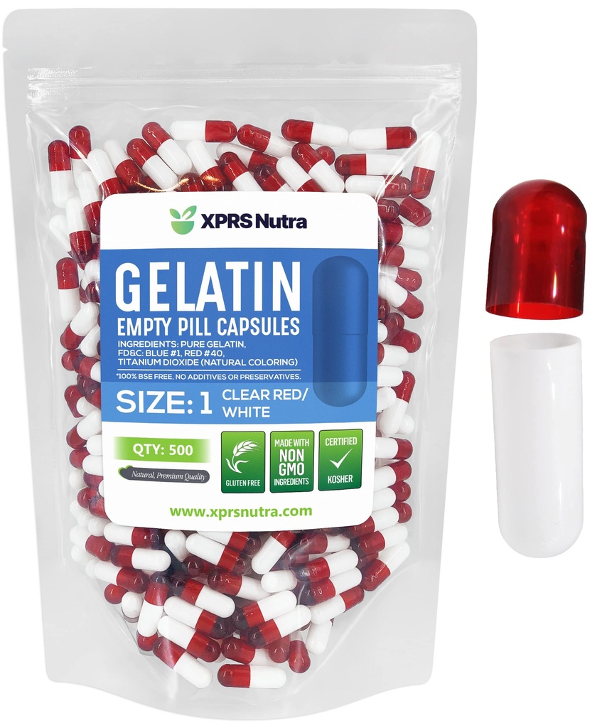 XPRS Nutra Størrelse 1 Tomme kapsler - 500 Tomme Gelatine kapsler - Pille gør det - Pure Bovin Pill Gel Caps til Do- It- Yourself Kosttilskud (Clear Red / White)