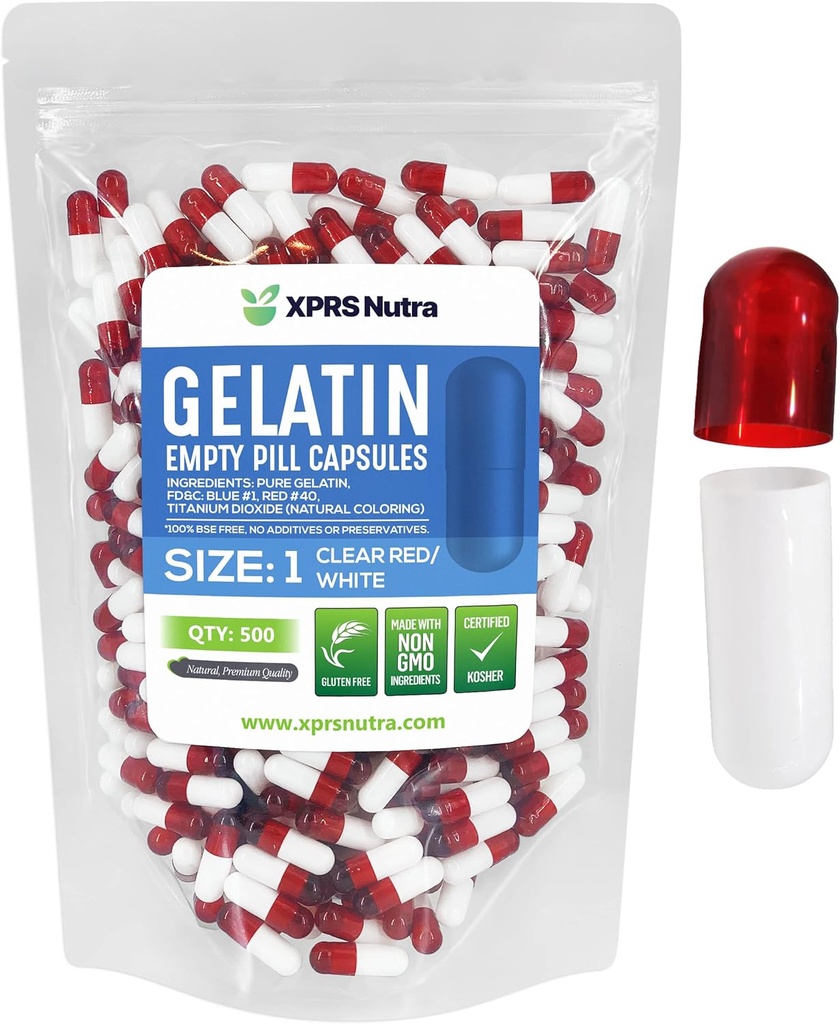 XPRS Nutra Størrelse 1 Tomme kapsler - 500 Tomme Gelatine kapsler - Pille gør det - Pure Bovin Pill Gel Caps til Do- It- Yourself Kosttilskud (Clear Red / White)