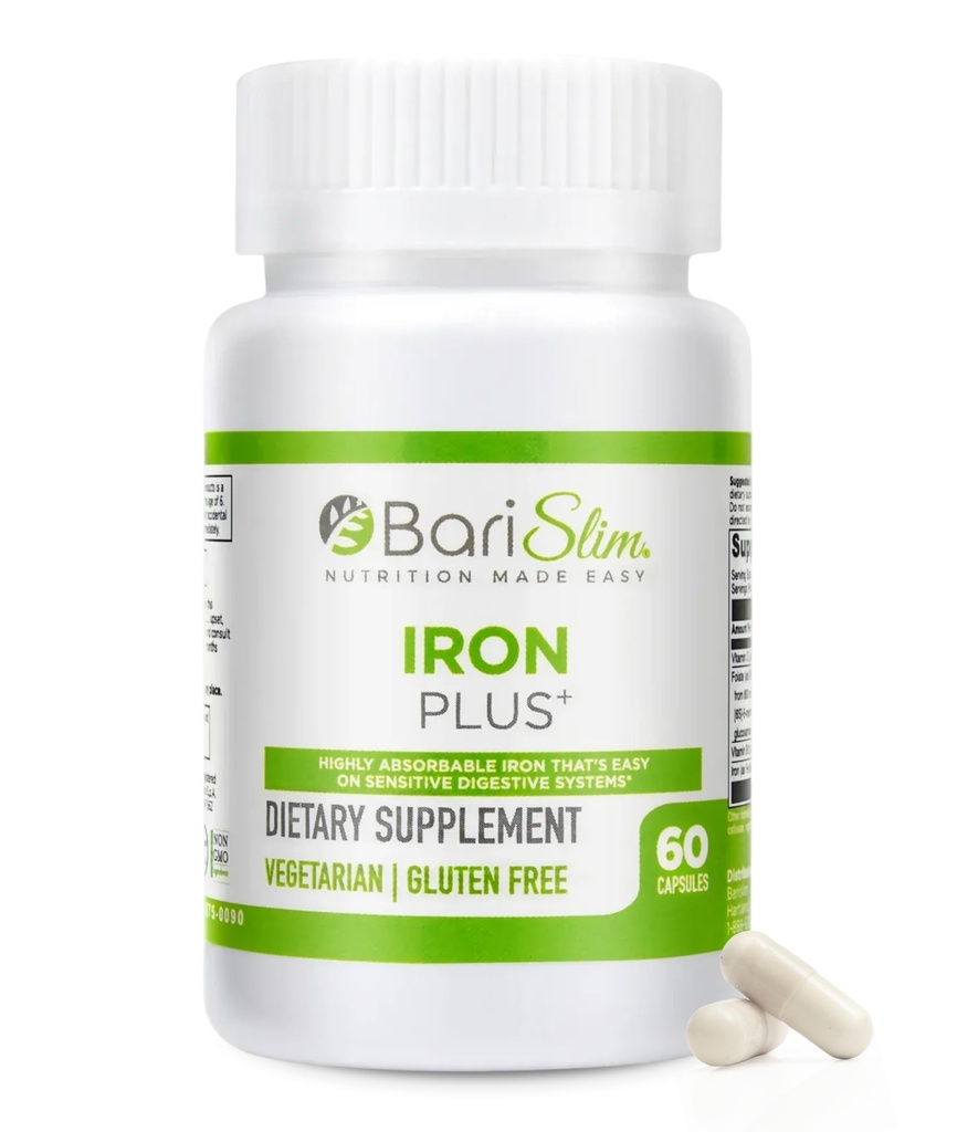 BariSlim Iron Plus kapsler - Formuleret for patienter efter vægttab Kirurgi herunder Gastric bypass & Gastric Ærme - Easy fordøjelse & Omfattende helbredskapsel 124; 2 Måned Supply (60 Servere)