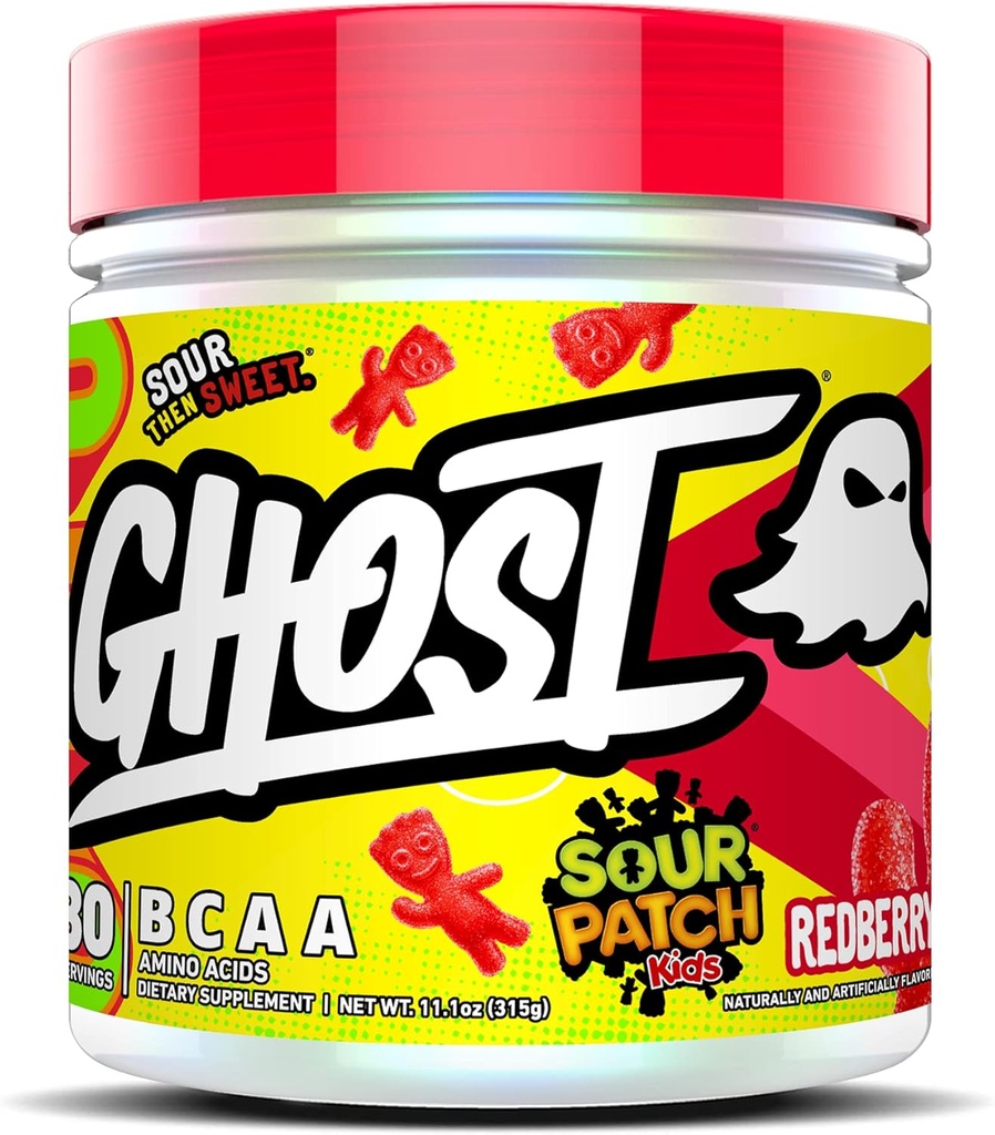 GHOST BCAA pulver Aminosyrer supplement, sour Patch Kids Redberry - 30 Servering - Sugar- Gratis Intra, Post & Pre Workout Amino Powder & Recovery Drink, 7G BCAA