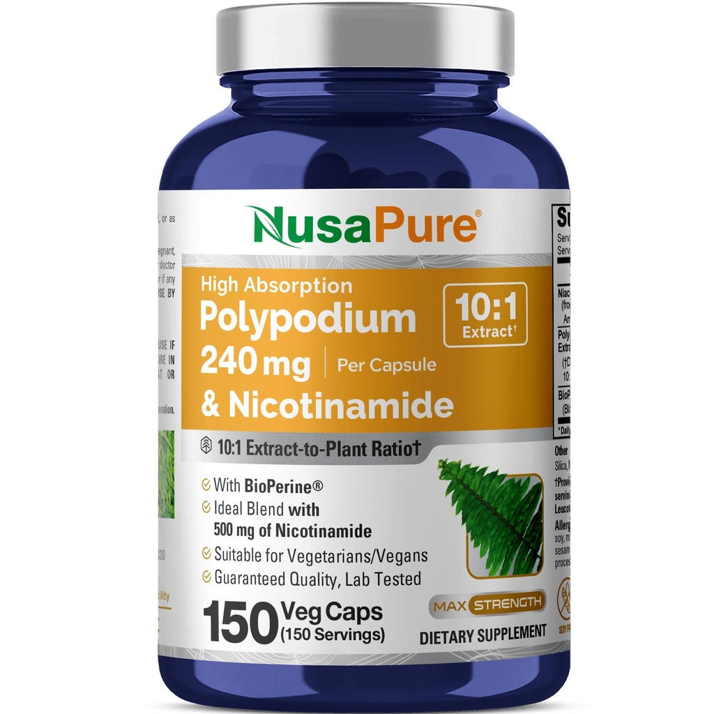 NusaPure Polypodium Nicotinamid 10: 1 Extract, 240 mg Ækvivalent med 2.400 mg per Veg Caps - 150 Count (ikke- GMO, soyfree, Bioperine)