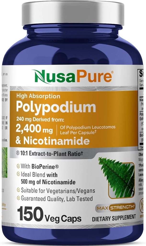 NusaPure Polypodium Nicotinamide 10:1 Extract, 240 mg Equivalent to 2,400 mg per Veg Caps - 150 Count (Non-GMO, Soyfree, Bioperine)