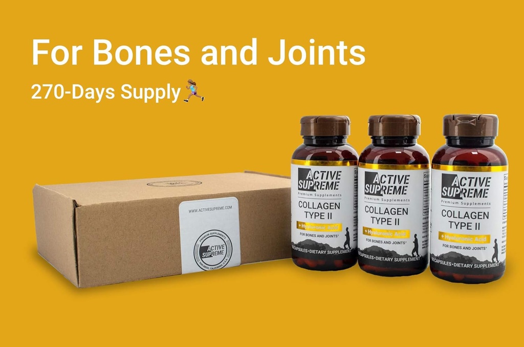 3 Pack Collagen piller type 2 til fælles og Cartiage Support - Græs Fed Beef Collagen Hydrolyzed Type 2 kapsler med C-vitamin og hyaluronsyre