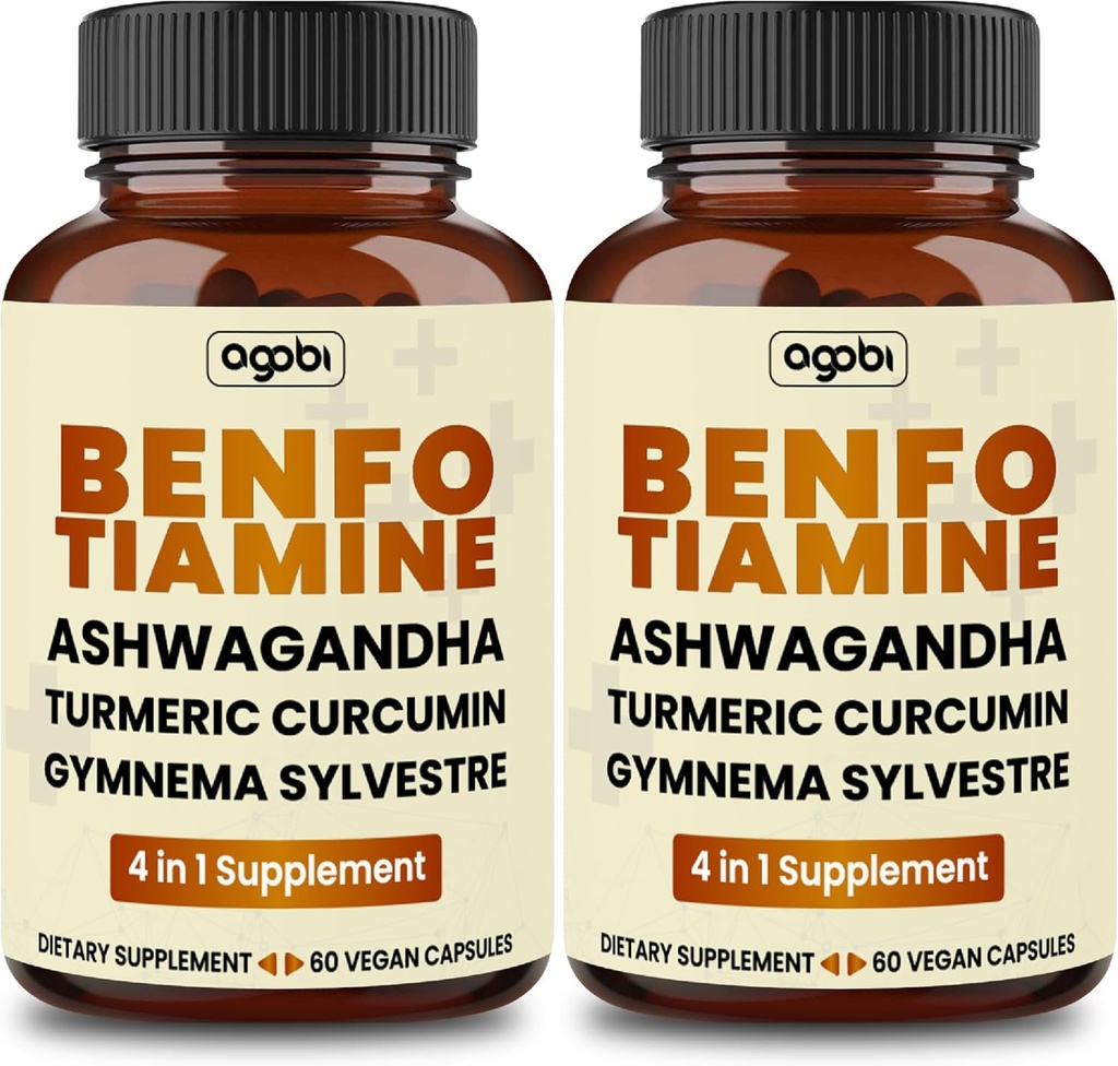 Benfotiamin 600mg Supplement - 2 måneder til fordøjelsessystemet, energiproduktion og immunforsvar - Blended gurkemeje Curcumin Root, Ashwagandha Root & Organic Gymnema Sylvestre - 2 pakker med 60 kapsler