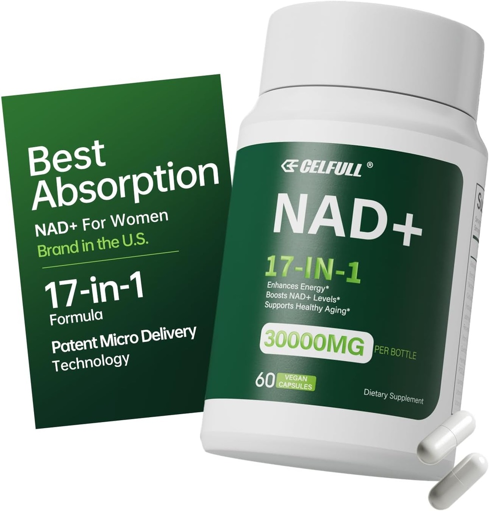 CELFULL NAD Supplement for Women NMN Alternative Resveratrol, Nicotinamid Riboside, Quercetin- NAD + Boosting til Anti Aging Cellular Energy & Stamina- 30000mg / flaske