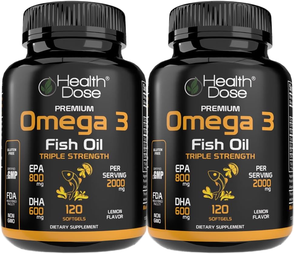 Sundhedsdosis Omega 3 Fish Oil - Lemon- Flavored Softgels med EPA & DHA for hjerne, hjerte, og wellness support - Easy- to- Digest, Ingen Fish Burps - 120 Softgels, pakke med 2
