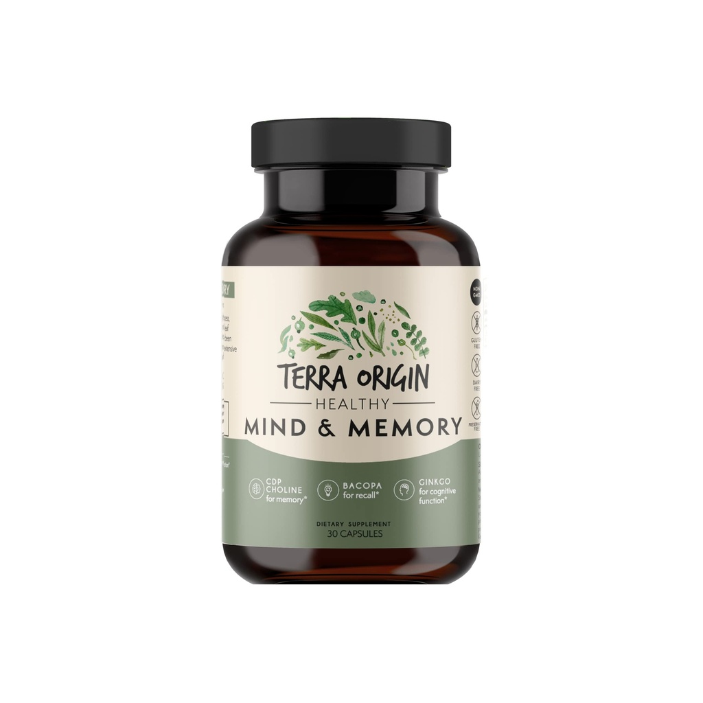 TERRA OPRINCIN Sund Mind and Memory Support Supplement: 124; Kognitiv Memory Matrix: 124; Nootrop CDP, Bacopa, L- Tyrosine, Huperzine A, Ginko, B12; Non GMO, Gluten Free, Dairy Free; 30 Kapsler