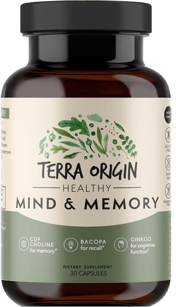 TERRA OPRINCIN Sund Mind and Memory Support Supplement: 124; Kognitiv Memory Matrix: 124; Nootrop CDP, Bacopa, L- Tyrosine, Huperzine A, Ginko, B12; Non GMO, Gluten Free, Dairy Free; 30 Kapsler