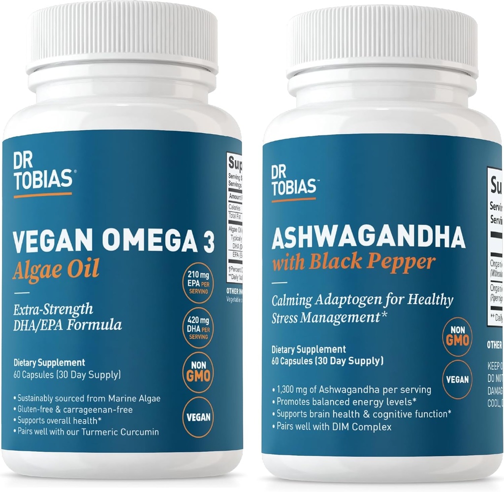 Dr. Tobias Vegan Omega 3 Algae Oil og Ashwagandha kapsler, understøtter Resiliens, immunsundhed, og Samlet Wellness, Non- GMO, Vegan