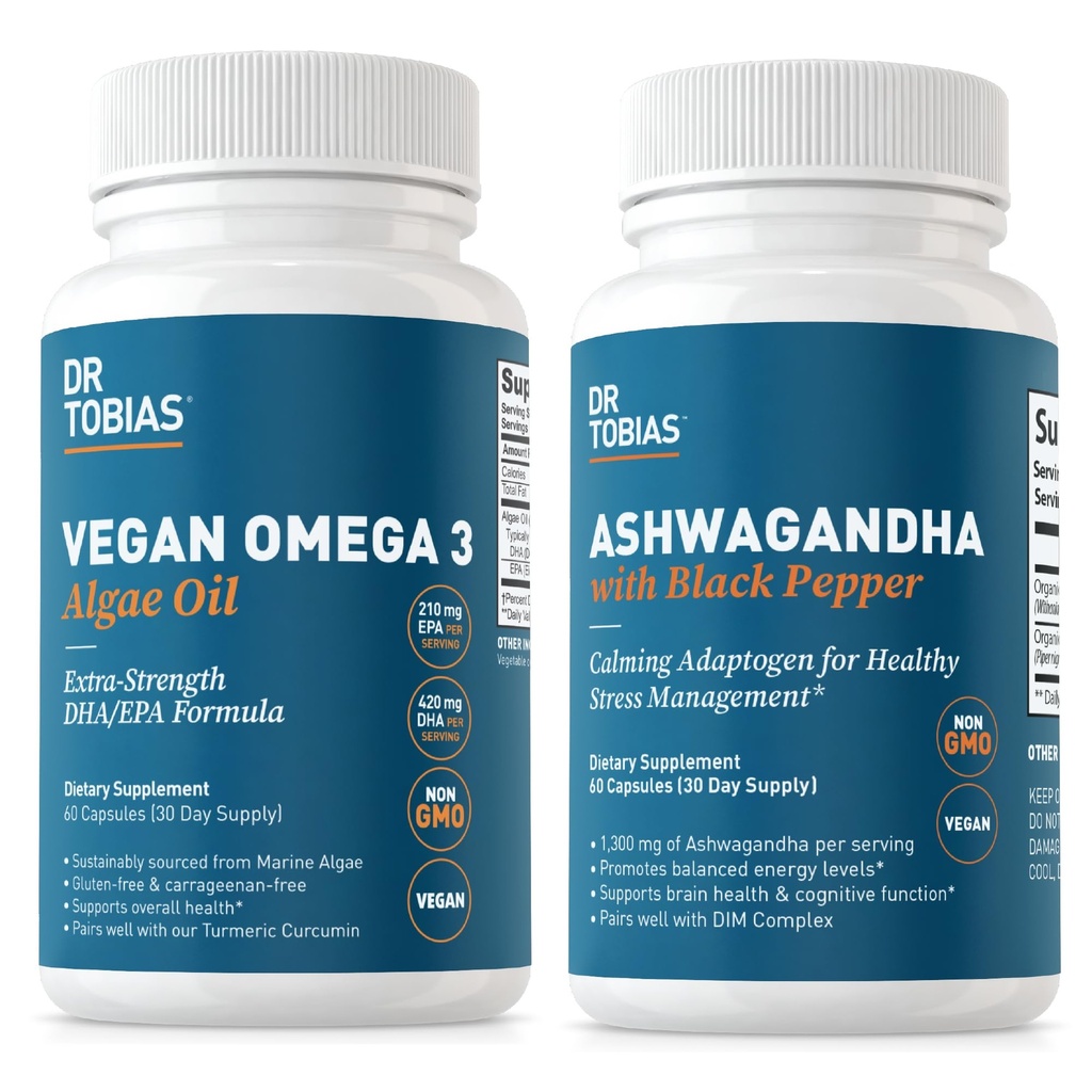 Dr. Tobias Vegan Omega 3 Algae Oil og Ashwagandha kapsler, understøtter Resiliens, immunsundhed, og Samlet Wellness, Non- GMO, Vegan
